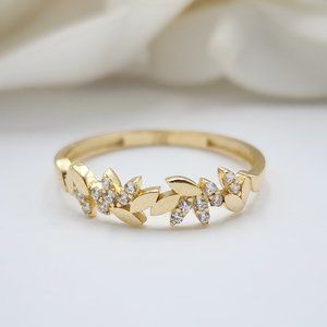 Solid 14k Gold CZ Leaves Ring - Fine Jewelry For Her